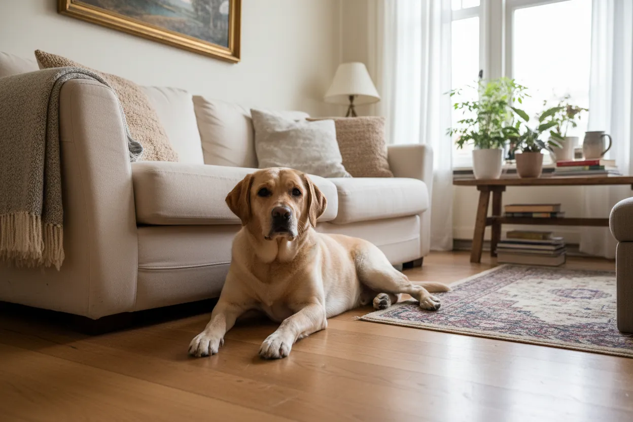 Een labrador ligt op een eiken vloer in de woonkamer