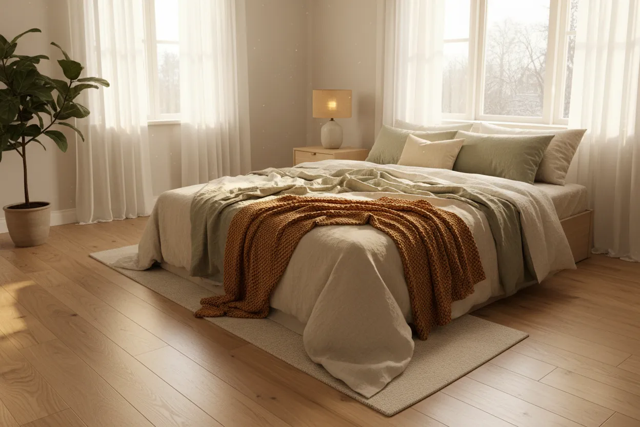 Slaapkamer met een lichte houten vloer in de winterzon