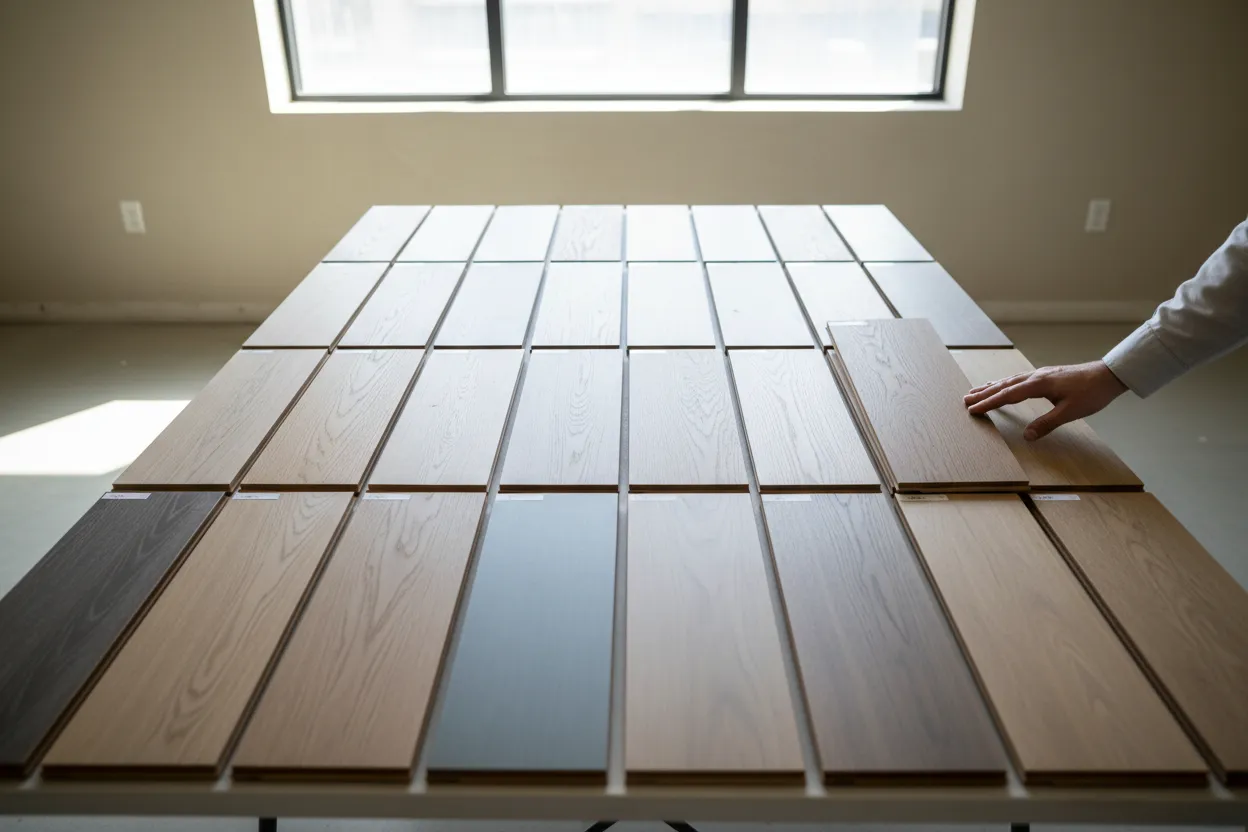 Stalen van eiken en pvc vloeren op een tafel naast het raam