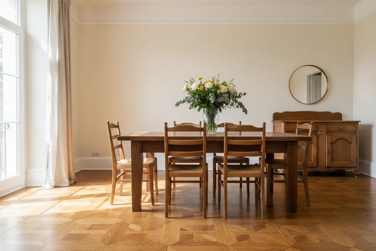 Eetkamer met een eiken parketvloer en een houten eettafel
