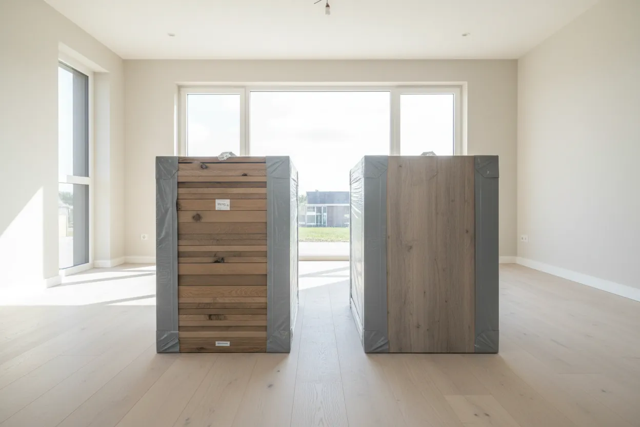 Stapels houten vloerplanken en pvc planken in een lege kamer