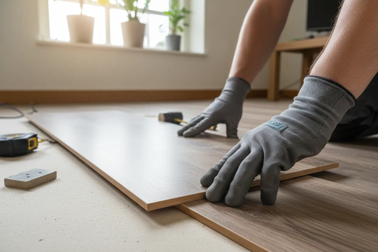 Handen die een pvc plank vastklikken op een vlakke ondervloer