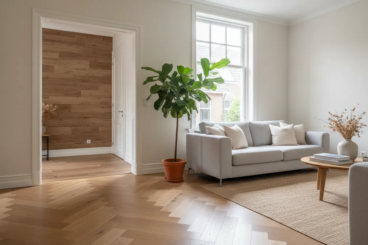 Lichte woonkamer met een eiken visgraatvloer en in de deuropening een pvc vloer in houtlook